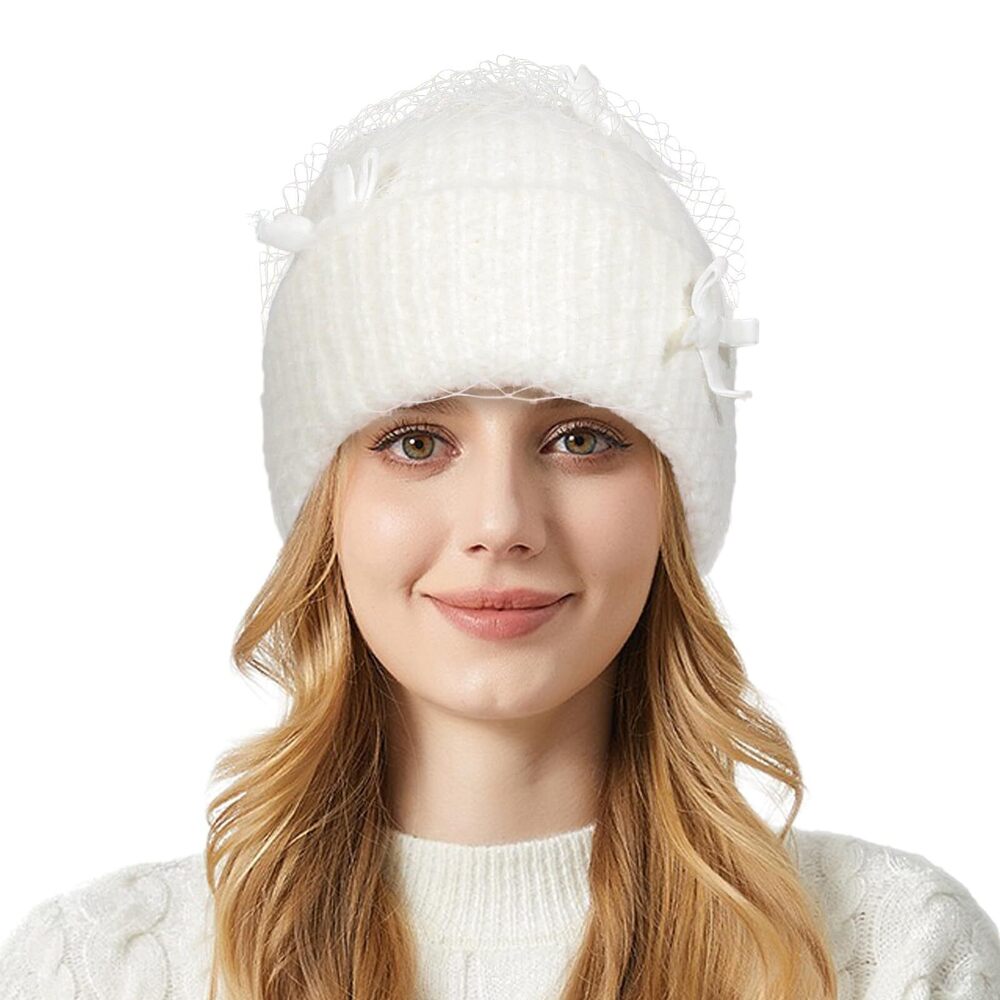 7237 Winter Knit Beanie Hat Warm Knit Cuffed Skull Caps with Veil Bowknot